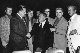 12. Frank Sheeran Appreciation Night 1974. Mayor Frank Rizzo (shaking Hoffa’s hand), roofing union boss John McCullough (second from right), and civil rights leader Cecil B. Moore (far right) attending.