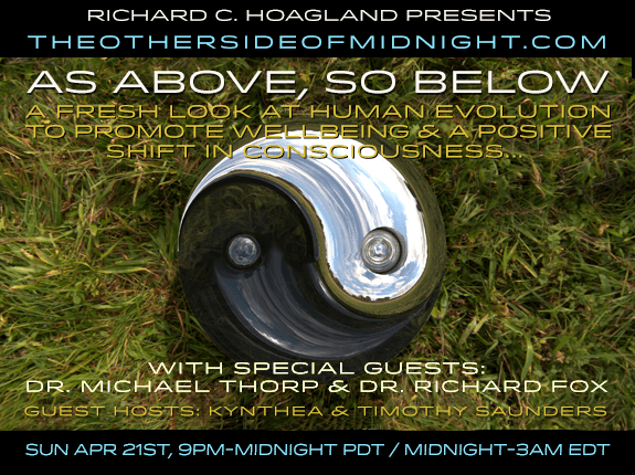 2019/04/21 – Dr. Michael Thorp & Dr. Richard Fox – Guest Hosts – Timothy Saunders & Kynthea – As Above, So Below:  A Fresh Look at Human Evolution to Promote Wellbeing & a Positive Shift in Consciousness…